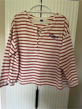 Old Navy Red & White Striped “Love You More” Henley Tee XXL